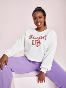 SHEIN X SU2C 大碼花和標語圖案落肩袖加絨內裏運動衫 - 白色 - 查看 9