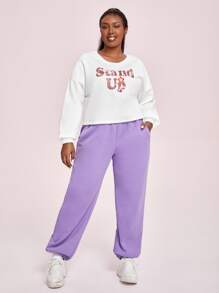 SHEIN X SU2C 大碼花和標語圖案落肩袖加絨內裏運動衫 - 白色 - 查看 7