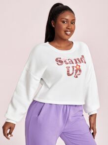 SHEIN X SU2C 大碼花和標語圖案落肩袖加絨內裏運動衫 - 白色 - 查看 5