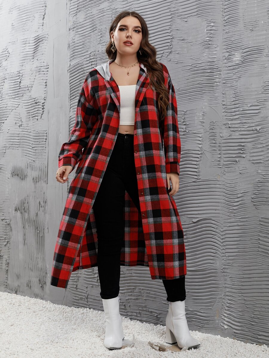 Mulvari Plus Plaid Hooded Longline Blouse - Multicolor - View 1