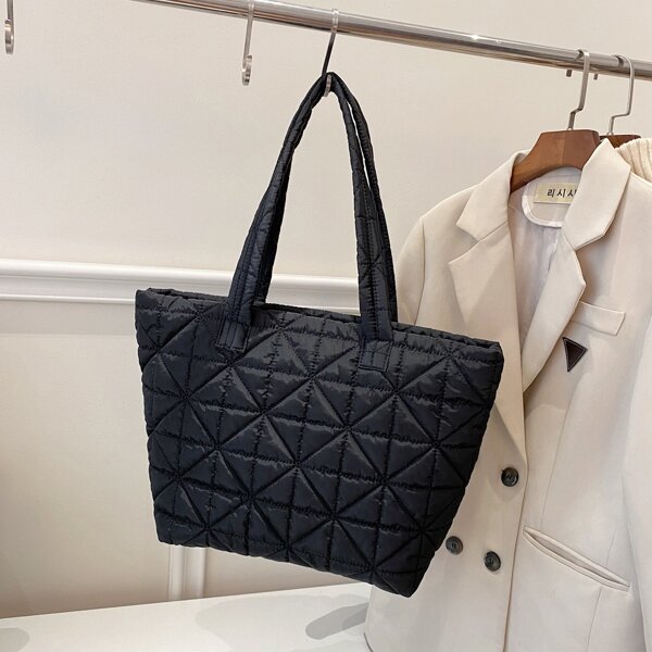 

Quilted Embossed Shoulder Tote Bag, Black