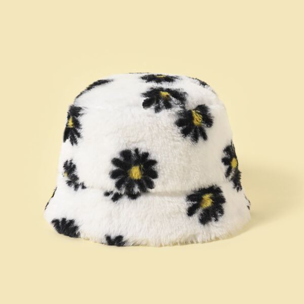 

Toddler Kids Flower Print Fluffy Bucket Hat, White
