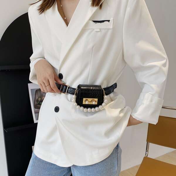 

Faux Pearl Decor Flap Belt Bag, Black