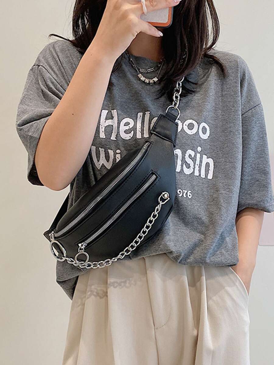 鏈條裝飾前拉鏈腰包 - 黑色 - 查看 1