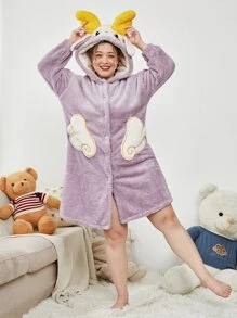 Plus Cartoon Embroidery 3D Ear Design Hooded Drop Shoulder Flannel Nightdress - Lilac Purple - View 1