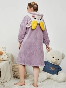 Plus Cartoon Embroidery 3D Ear Design Hooded Drop Shoulder Flannel Nightdress - Lilac Purple - View 2