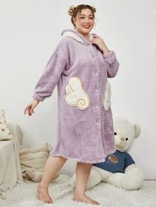 Plus Cartoon Embroidery 3D Ear Design Hooded Drop Shoulder Flannel Nightdress - Lilac Purple - View 3