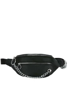 鏈條裝飾前拉鏈腰包 - 黑色 - 查看 8
