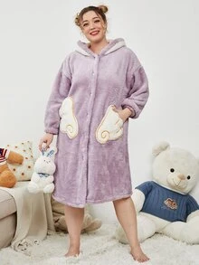 Plus Cartoon Embroidery 3D Ear Design Hooded Drop Shoulder Flannel Nightdress - Lilac Purple - View 4