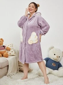Plus Cartoon Embroidery 3D Ear Design Hooded Drop Shoulder Flannel Nightdress - Lilac Purple - View 6