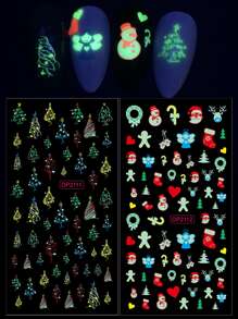 2 hojas de etiqueta de uñas luminosas con gráficos navideños para hacer manualidades de pegatinas de uñas - Multicolor - Ver 1