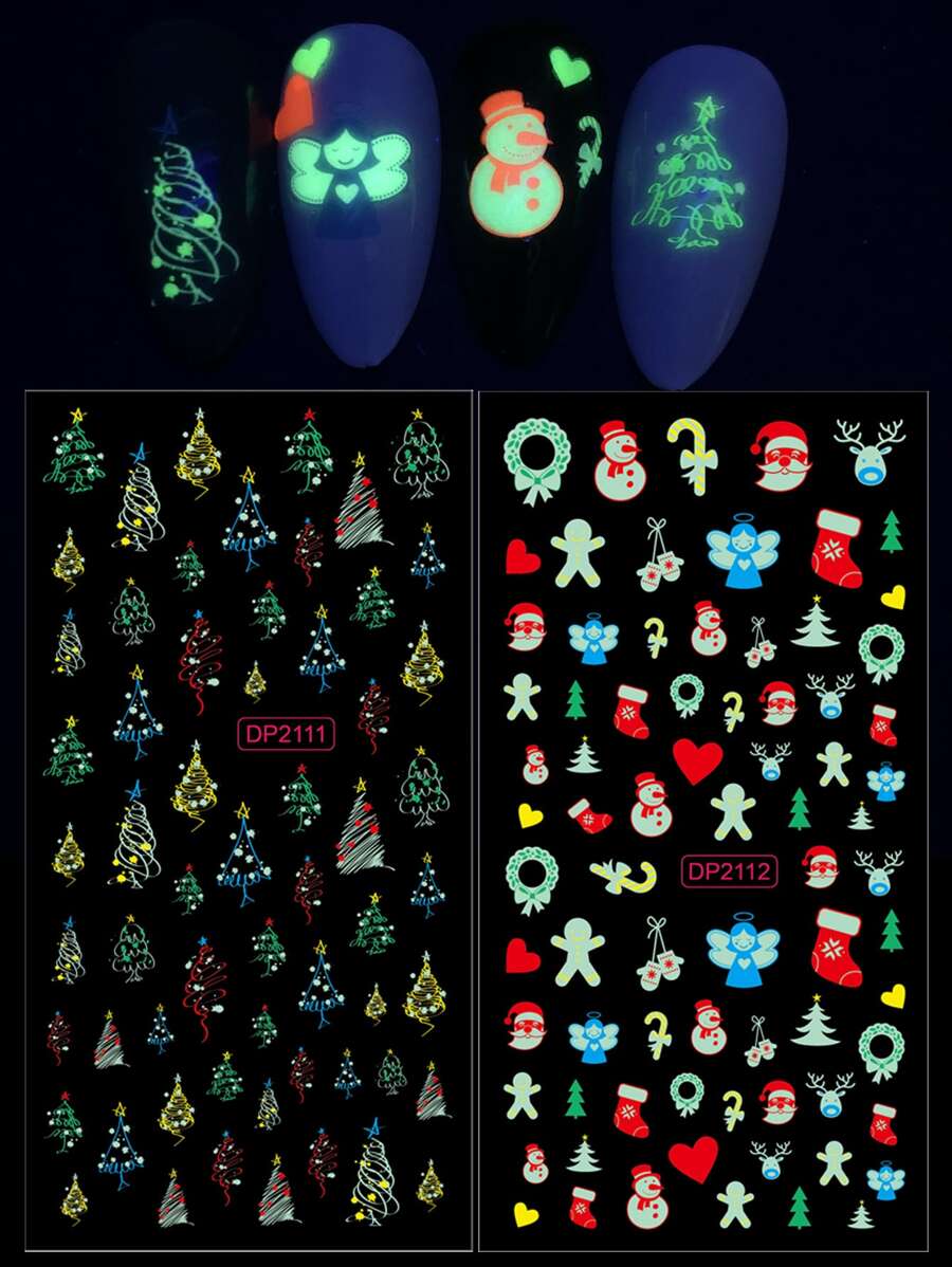 2 hojas de etiqueta de uñas luminosas con gráficos navideños para hacer manualidades de pegatinas de uñas - Multicolor - Ver 1