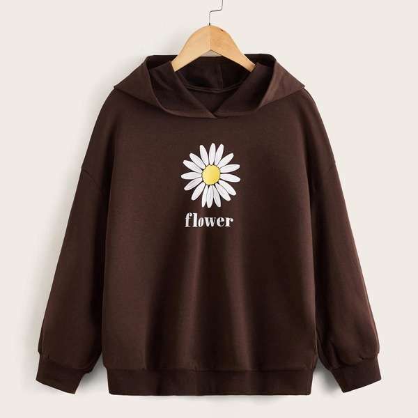 

Girls Letter & Floral Print Hoodie, Chocolate brown