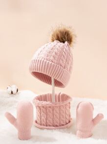Infant Winter Warm Knitted Hat Set (1 Hat + 1 Scarf + 1 Pair Of Gloves) - Baby Pink - View 1
