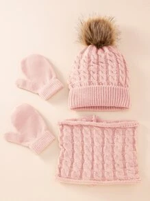 Infant Winter Warm Knitted Hat Set (1 Hat + 1 Scarf + 1 Pair Of Gloves) - Baby Pink - View 2