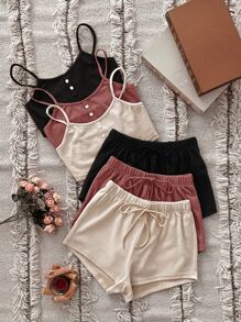Snug Zone 3sets Single Breasted Cami Top & Tie Front Shorts Lounge Set - Multicolor - View 1