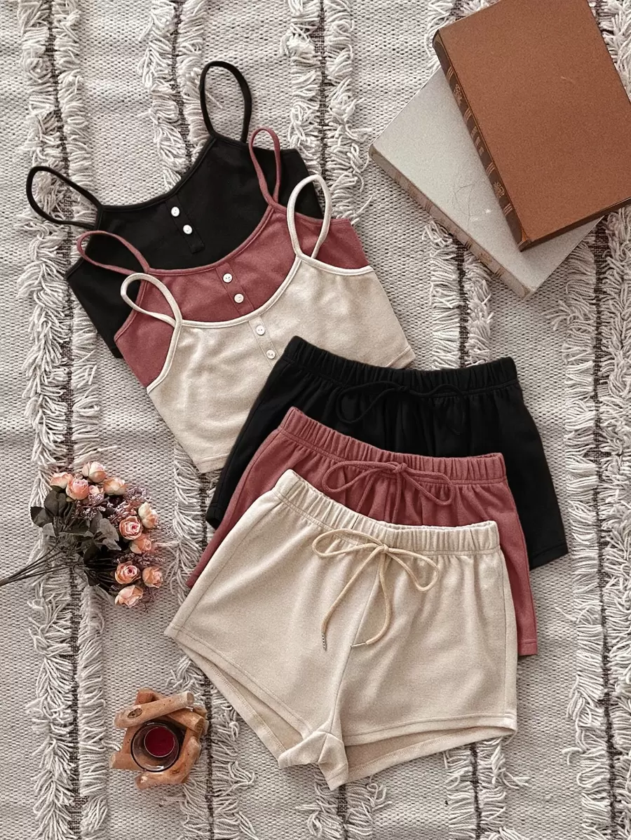 Snug Zone 3sets Single Breasted Cami Top & Tie Front Shorts Lounge Set - Multicolor - View 1