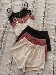 Snug Zone 3sets Single Breasted Cami Top & Tie Front Shorts Lounge Set - Multicolor - View 5