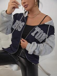 SHEIN Unity Áo nỉ có mũ Đồ họa Chữ cái Dây kéo - Màu xanh hải quân - Xem 1