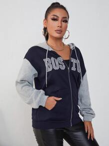 SHEIN Unity Áo nỉ có mũ Đồ họa Chữ cái Dây kéo - Màu xanh hải quân - Xem 4