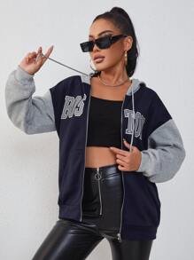 SHEIN Unity Áo nỉ có mũ Đồ họa Chữ cái Dây kéo - Màu xanh hải quân - Xem 5