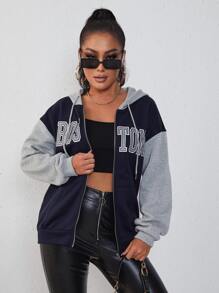 SHEIN Unity Áo nỉ có mũ Đồ họa Chữ cái Dây kéo - Màu xanh hải quân - Xem 6