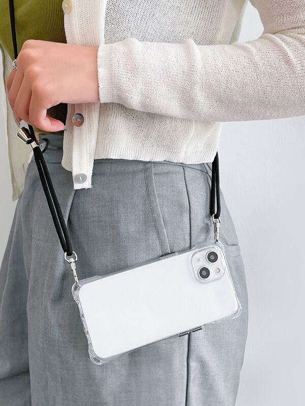 Transparent Shockproof Case With Corner Bumpers + Black Adjustable Crossbody Strap Suitable For IPhone 16 Pro Max/16 Plus/16 Pro/16/15/14/13/12/11/16E/IPhone 17/17 Pro/17 Air/17 Pro Max