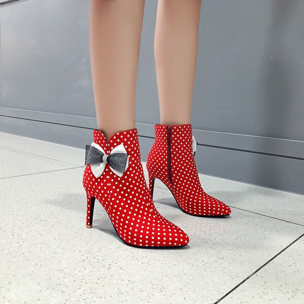 

Bow Decor Polka Dot Stiletto Heeled Boots, Red and white