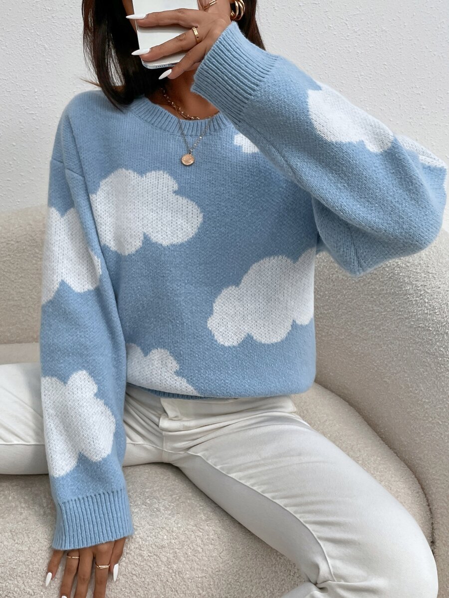 SHEIN MOOSTA Cloud Pattern Drop Shoulder Jumper - Blue and White - View 1