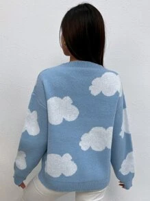 SHEIN MOOSTA Cloud Pattern Drop Shoulder Jumper - Blue and White - View 2