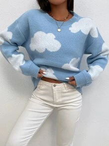 SHEIN MOOSTA Cloud Pattern Drop Shoulder Jumper - Blue and White - View 3