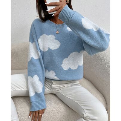구름 무늬 드롭 숄더 스웨터, 긴팔 탑