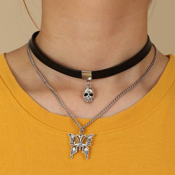 

Butterfly & Skull Charm Layered Necklace, Silver