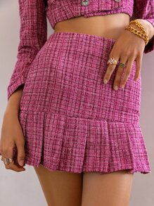 Simplee High Waist Plaid Pattern Pleated Hem Tweed Skirt - Hot Pink - View 4