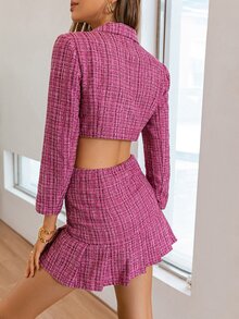Simplee High Waist Plaid Pattern Pleated Hem Tweed Skirt - Hot Pink - View 2