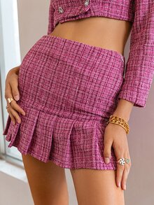 Simplee High Waist Plaid Pattern Pleated Hem Tweed Skirt - Hot Pink - View 6