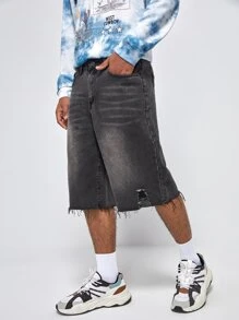 Manfinity Hombres Shorts bermuda con lavado roto bajo crudo mezclilla - Gris Oscuro - Ver 1