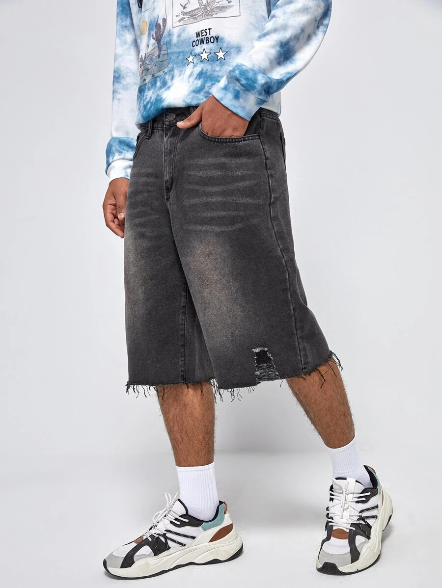 Manfinity Hombres Shorts bermuda con lavado roto bajo crudo mezclilla - Gris Oscuro - Ver 1