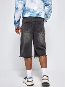 Manfinity Hombres Shorts bermuda con lavado roto bajo crudo mezclilla - Gris Oscuro - Ver 2