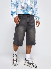 Manfinity Hombres Shorts bermuda con lavado roto bajo crudo mezclilla - Gris Oscuro - Ver 4