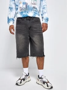 Manfinity Hombres Shorts bermuda con lavado roto bajo crudo mezclilla - Gris Oscuro - Ver 5