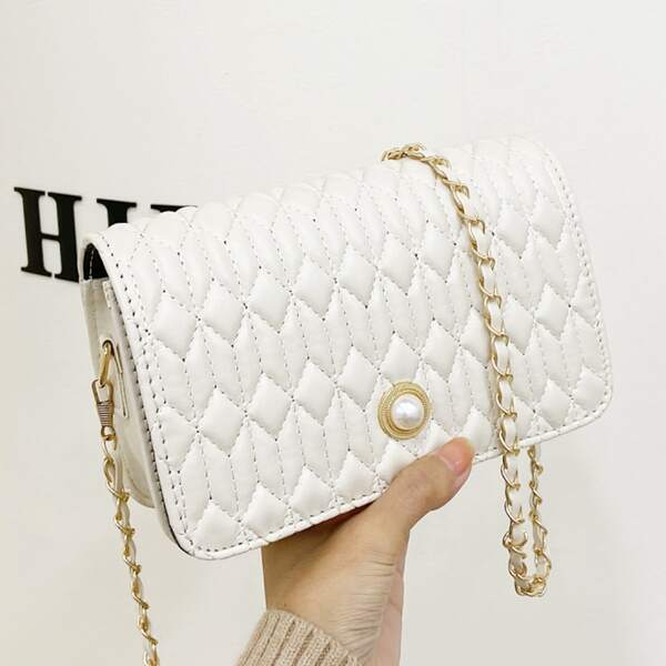 

Faux Pearls Decor Chain Bag, Beige