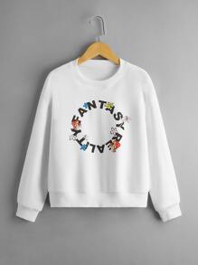 SHEIN Girls Flower & Letter Graphic Sweatshirt - White - View 1