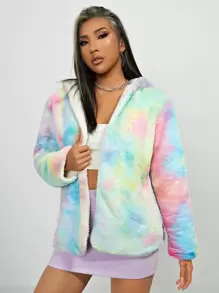 SHEIN Tie Dye Hooded Fuzzy Coat - Multicolor - View 1