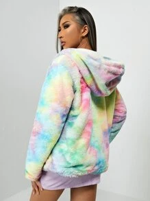 SHEIN Tie Dye Hooded Fuzzy Coat - Multicolor - View 2