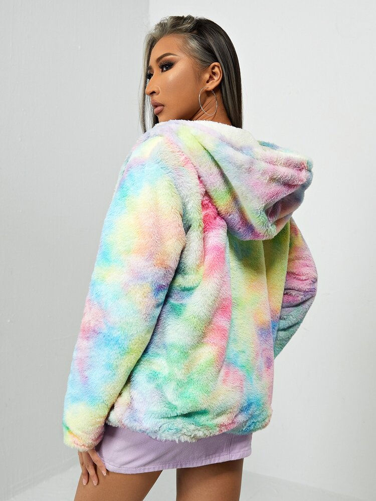 SHEIN 紮染連帽毛茸茸外套 - 彩色 - 查看 2