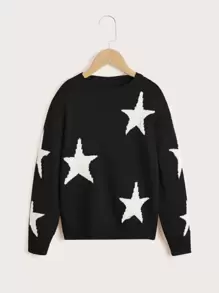 SHEIN Girls Star Pattern Drop Shoulder Jumper - Black - View 1