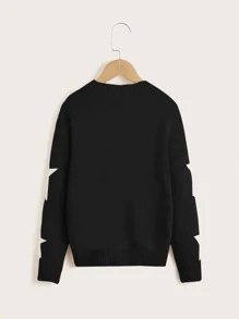 SHEIN Girls Star Pattern Drop Shoulder Jumper - Black - View 2