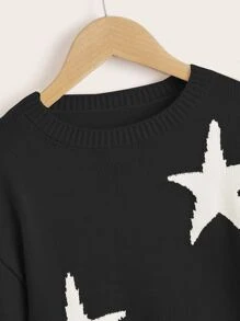 SHEIN Girls Star Pattern Drop Shoulder Jumper - Black - View 4