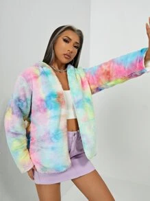 SHEIN Tie Dye Hooded Fuzzy Coat - Multicolor - View 5